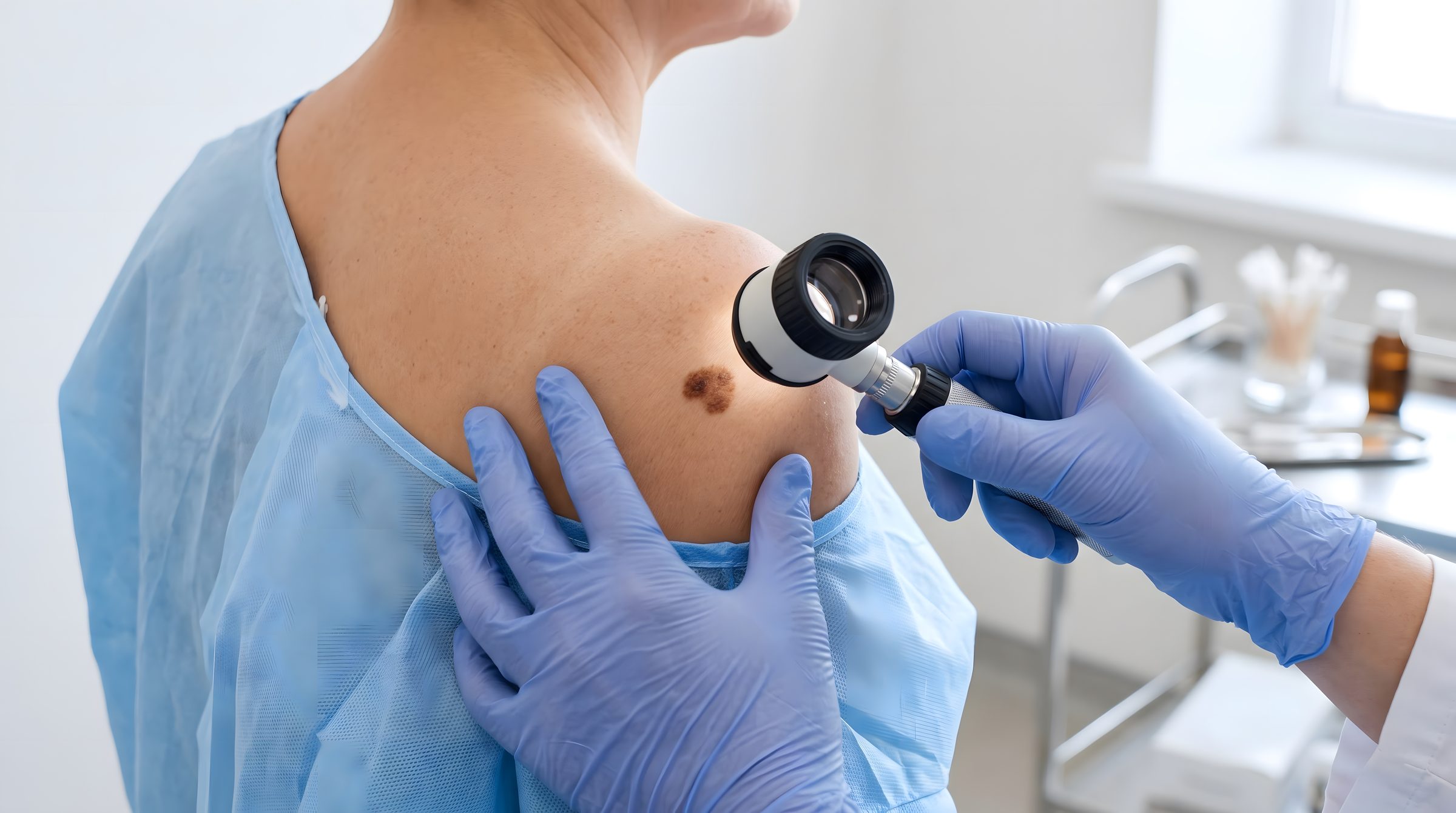 Hautärztliche Untersuchung eines Muttermals an der Schulter mit dem Dermatoskop
