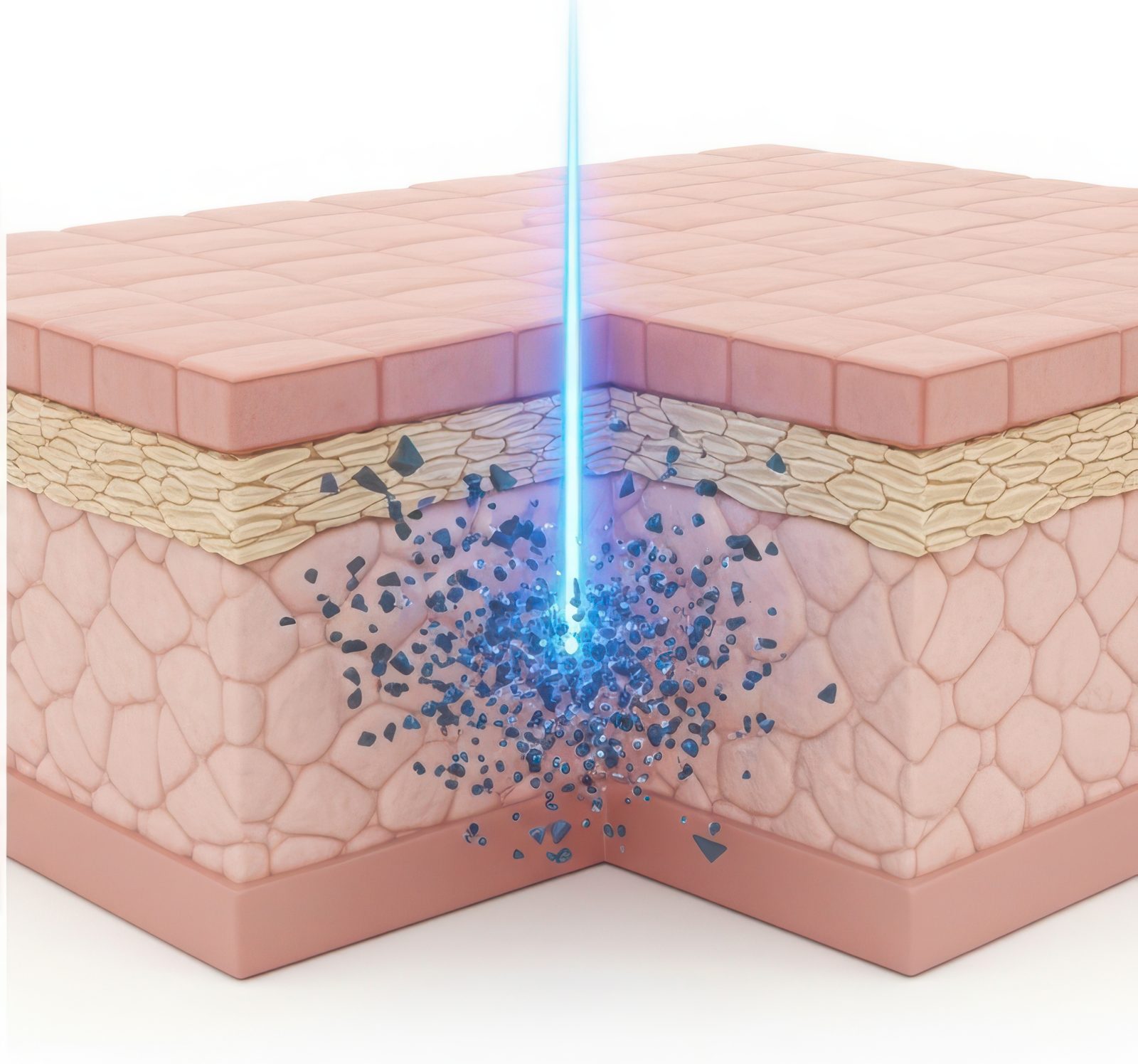 Grafik: Ein Picosekundenlaser zerkleinert die Farbpigmente in der Haut in sehr feine Partikel